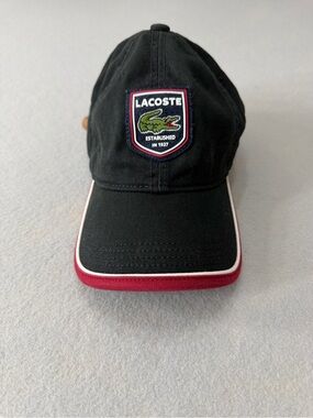 174/807 Lacoste Men’s Black Cap Hat Leather Strap Crest Logo Adjustable
